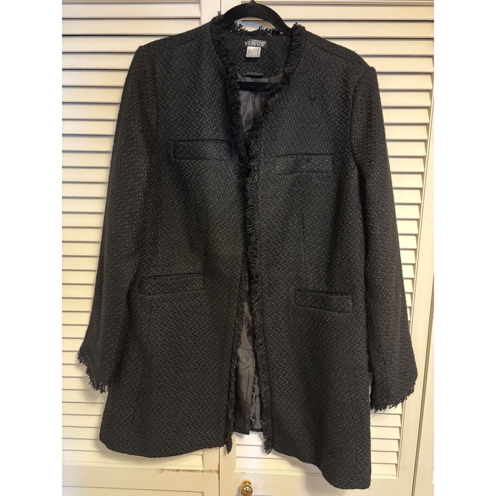 Venus Black Tweed Fringed Open Front Longline Blazer Jacket Size 16 J93504